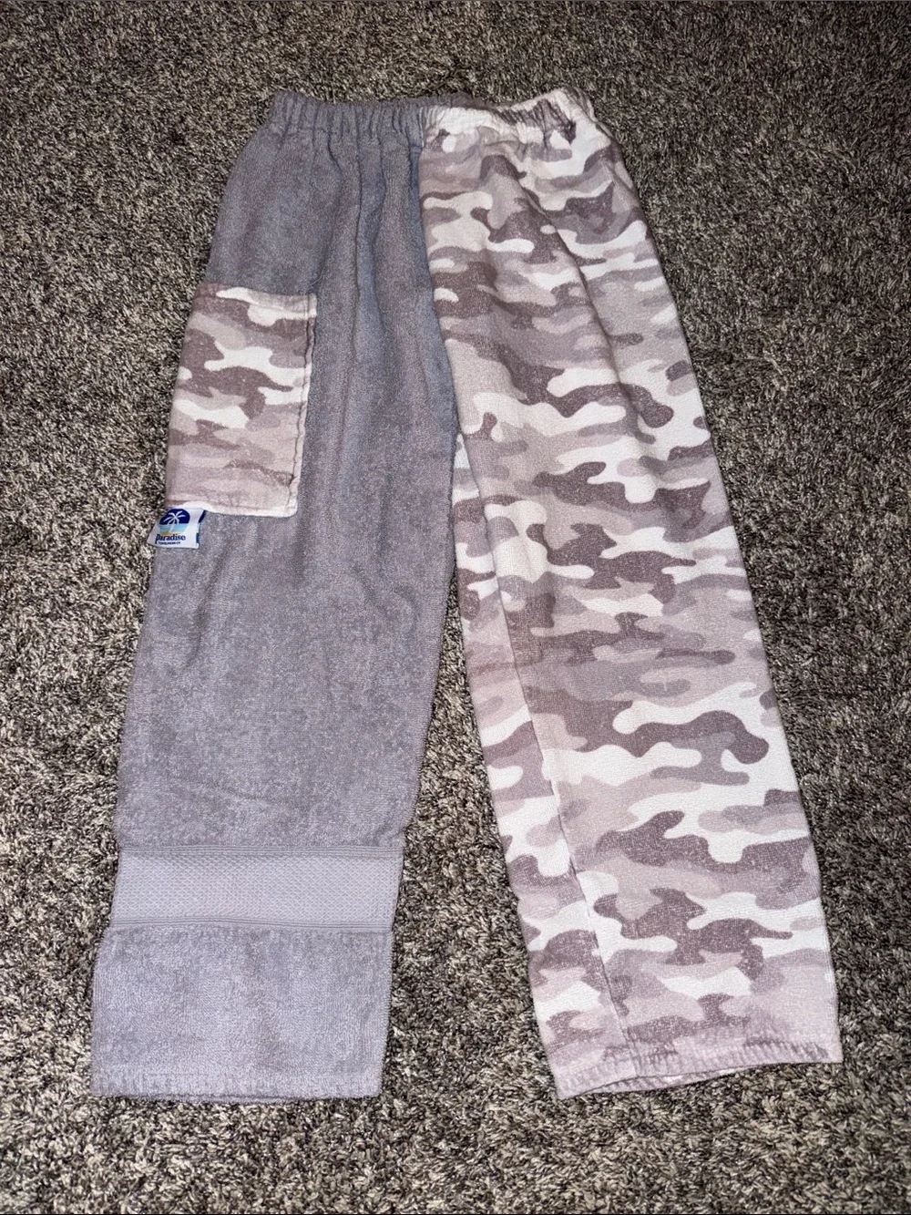 Kids size Small 7/8 Neutral Gray & Camouflage Cozy Towel Pants